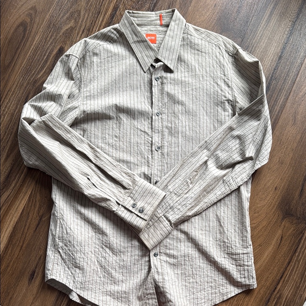 Hugo Boss Men's Striped Tan Striped Shirt